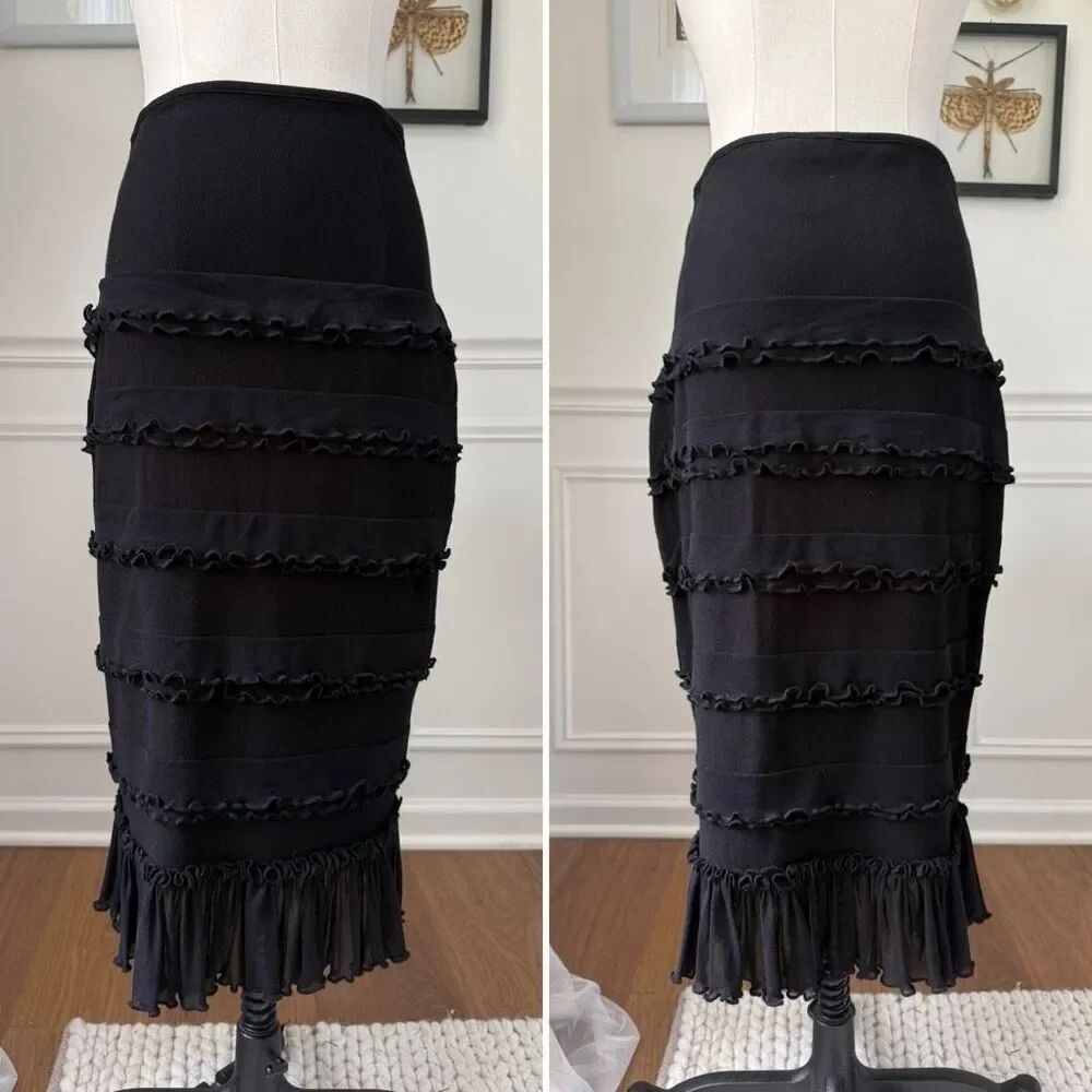 Fuzzi Layered Mesh Ruffle Embellished Midi Skirt Black M